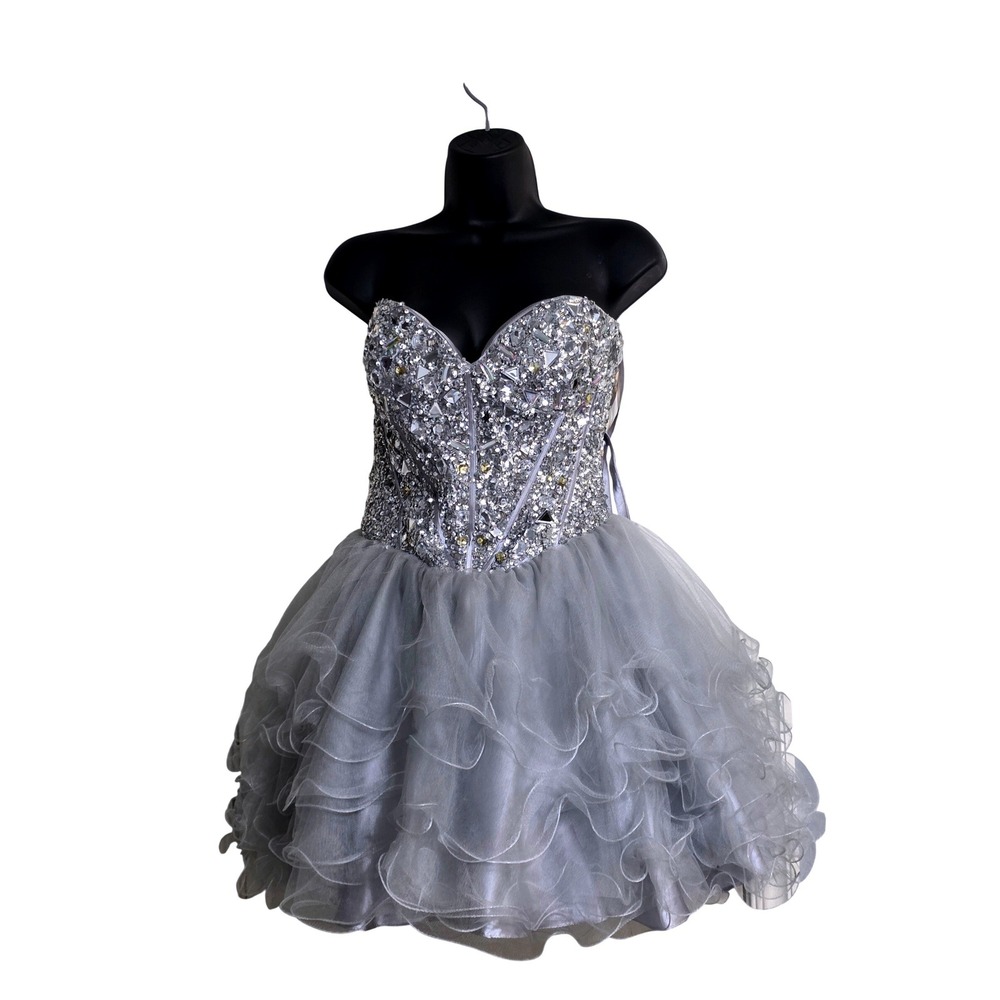 Let's Fashion Silver Sequin Corset Tulle Skirt Cocktail Dress XL 5294 Gray